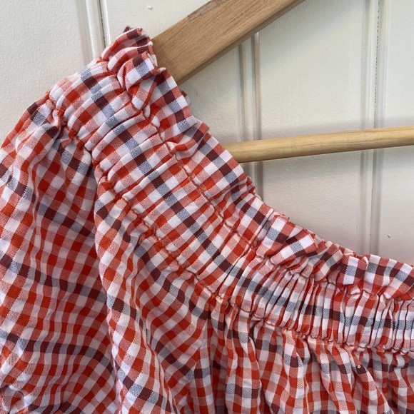Anthropologie Sz L NWT Red Gingham Off-the-Shoulder Romper Smocking Retail $110 - Picture 4 of 10